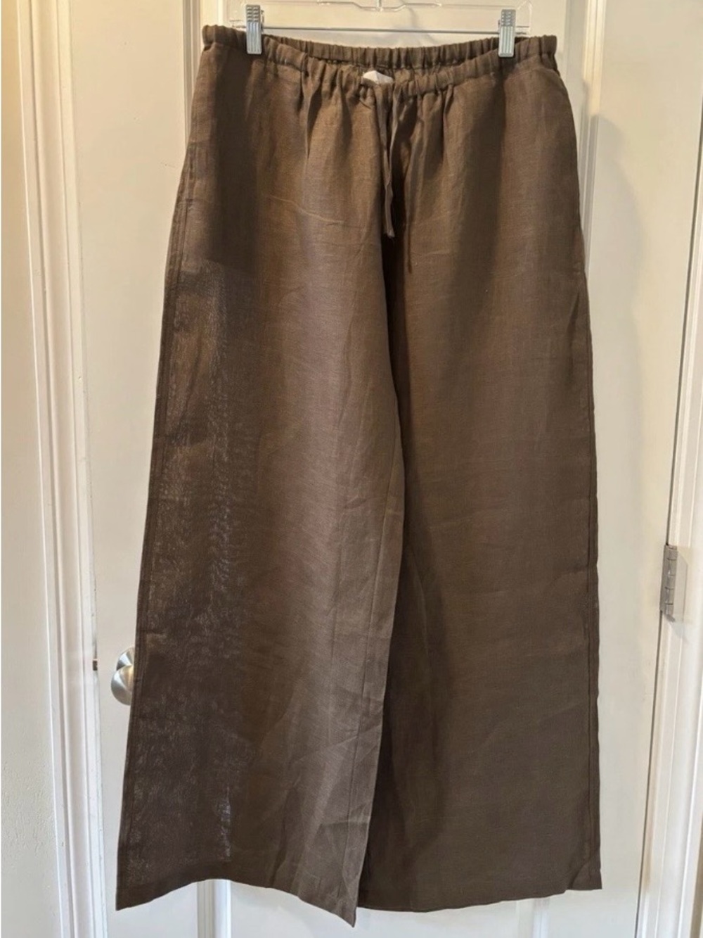 Women’s My Outfit Online Brown Linen Pants Elastic Waist Wide Leg, Size Large